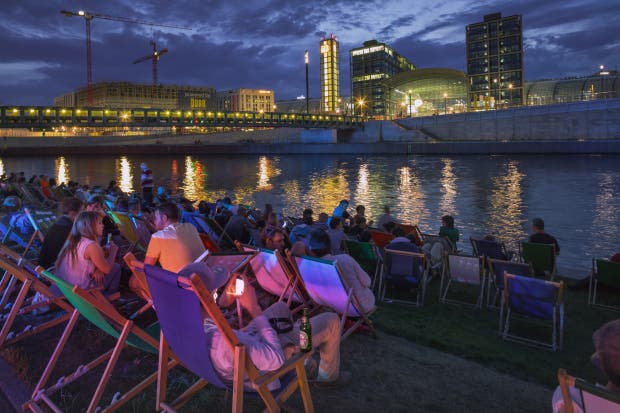 Capital Beach Bar with Berlin Hauptbahnhof in the background.