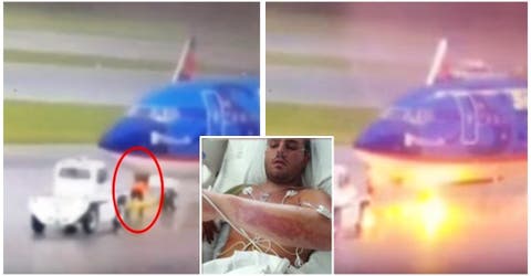 La cámara del aeropuerto captó el aterrador momento en el que un rayo quemó a un trabajador