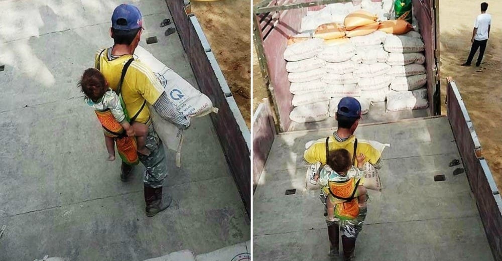 Se ve obligado a trabajar con su pequeño hijo sobre la espalda para poder sobrevivir Se ve obligado a trabajar con su pequeño hijo sobre la espalda para poder sobrevivir
