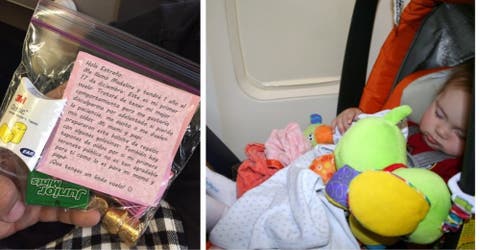 Les entregan una nota a todos los pasajeros antes del primer viaje en avión de su bebé