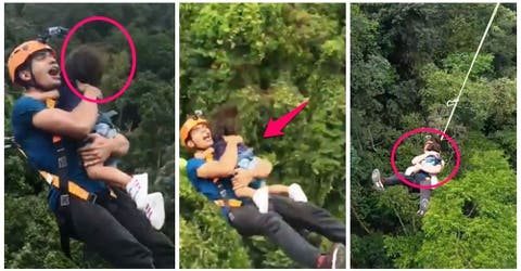 Las redes arden con el padre que hizo «bungee jumping» con su hija de 2 años en brazos