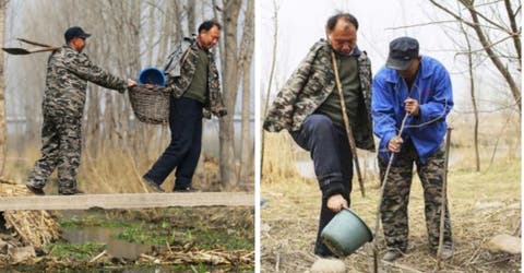 Dos amigos, uno sin brazos y el otro ciego, se unen para plantar miles de árboles en China