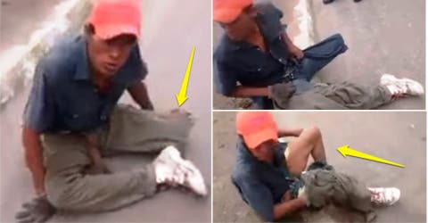 Un grabación muestra cómo un hombre fingió que le faltaba una pierna para pedir dinero