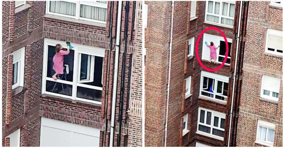 Capturan el momento en el que una mujer arriesga su vida para limpiar los cristales de su casa Capturan el momento en el que una mujer arriesga su vida para limpiar los cristales de su casa