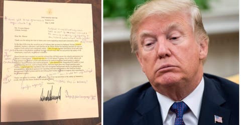 Una maestra jubilada regresa una carta que recibió de Donald Trump corrigiendo los errores