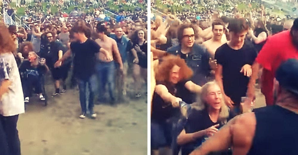 Nada impidió que esta abuelita participara en el arriesgado baile de un concierto de rock