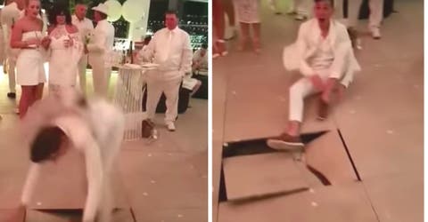 Rompe el suelo mientras intentaba lucirse con un atrevido paso de baile en una boda
