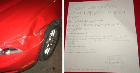 Encuentra su auto abollado y una nota de una niña de 6 años aclarando todo