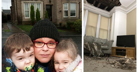Una madre salva milagrosamente a sus gemelos cuando se desplomó el techo del salón de su casa