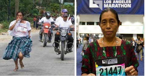 Una abuela maya participa en la maratón de Los Ángeles con sandalias y traje típico