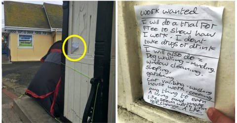 Hombre sin hogar deja una nota ofreciendo trabajar gratis «para que la vida valga la pena»