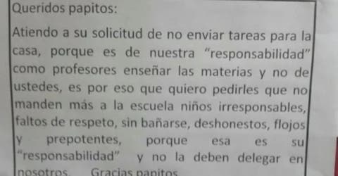 Los profesores responden con un contundente mensaje a los padres que se quejaron de los deberes