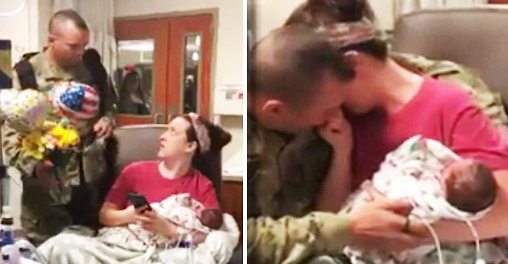 Un soldado sorprende a su esposa al llegar sin avisar al hospital donde había dado a luz