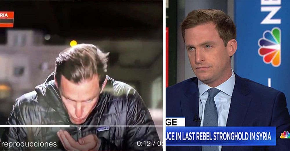 Un reportero no sabe que está siendo televisado mientras escupe su mano para arreglar su cabello