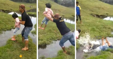 El vídeo viral en el que un padre cae a un arroyo al evitar que se moje su pequeña hija