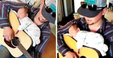Acuesta a su bebé sobre su guitarra para dormirla y su esposa graba un vídeo que se hace viral