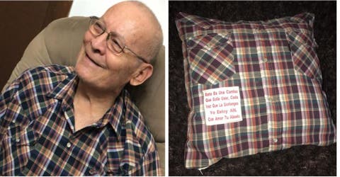 Les regala a sus nietos un cojín hecho con las camisas de su esposo fallecido