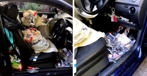 Ocasiona un accidente al no poder encontrar el freno entre tanta basura acumulada en su auto