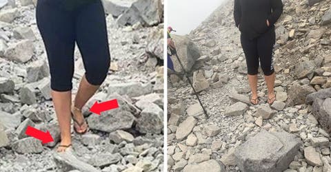 Una mujer es criticada al tratar de escalar una inmensa montaña con sandalias de playa