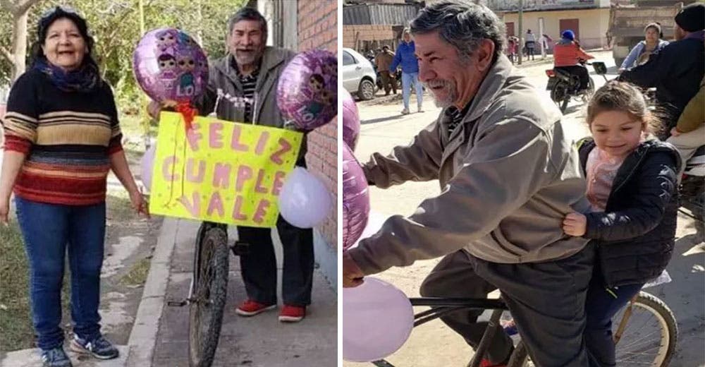 Un abuelito adorna su bicicleta para buscar a su nieta a la escuela el día de su cumpleaños