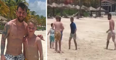 Un niño de 11 años juega fútbol en la playa y queda en shock cuando Messi se une al partido