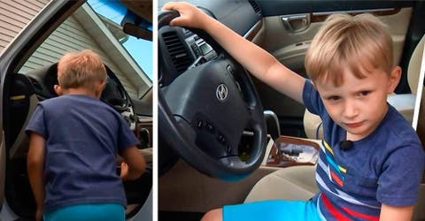 Un niño de 4 años conduce el auto de su abuelo para ir a comprar los chocolates que quería