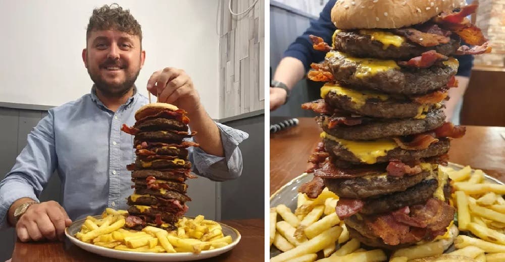 Retan a comer descomunal hamburguesa y aseguran que pagarán la lápida si las cosas salen mal Retan a comer descomunal hamburguesa y aseguran que pagarán la lápida si las cosas salen mal