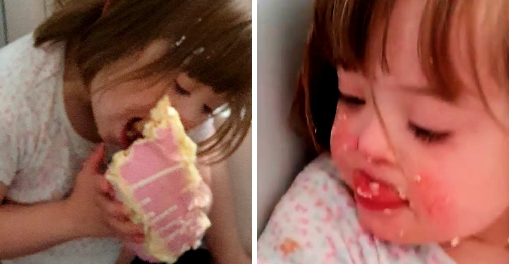 Graba a su hija de 5 años comiendo escondida el enorme pastel que se robó Graba a su hija de 5 años comiendo escondida el enorme pastel que se robó