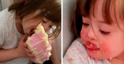 Graba a su hija de 5 años comiendo escondida el enorme pastel que se robó