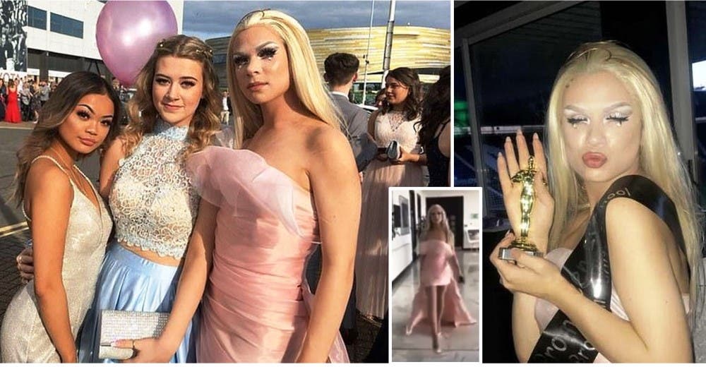 Sorprende a todos apareciendo en su baile de graduación vestido de color rosa y con tacones