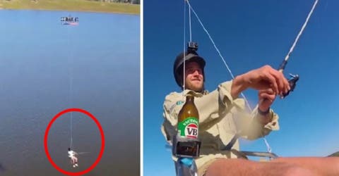 Graban a un hombre usando un drone para ir a pescar a pesar del grave peligro