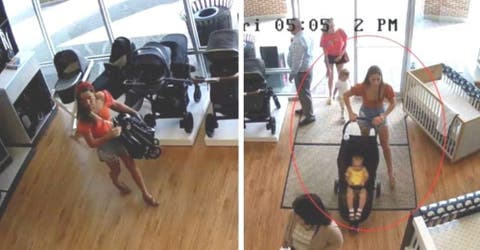 Graban cómo una mujer roba un carrito de bebé y huye dejando a su hijo en la tienda
