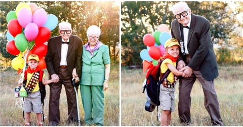 Invita a sus bisabuelos a vestirse como personajes de ‘Up’ para celebrar su quinto cumpleaños