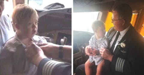 El piloto le dedica su último vuelo a un niño son Síndrome de Down en su primer viaje en avión