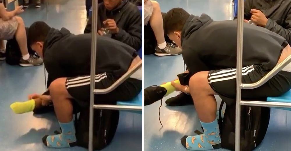 El vídeo viral del joven que le da sus zapatillas a un niño discapacitado descalzo en el metro El vídeo viral del joven que le da sus zapatillas a un niño discapacitado descalzo en el metro