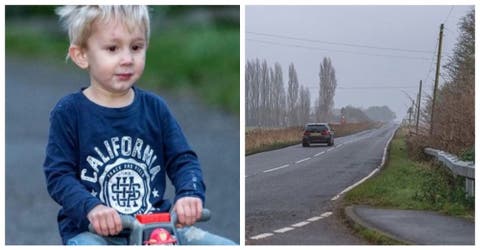 Un niño de 3 años conduce su coche de juguete en la carretera buscando ayuda para su padre
