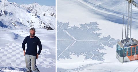 Camina durante 12 horas en la nieve creando impactantes imágenes que desaparecen por el viento
