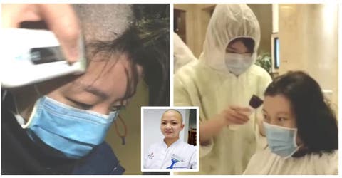 Las enfermeras que luchan contra el coronavirus se afeitan su cabello en el hospital
