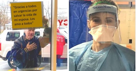 Se detiene con un cartel para agradecer a quienes salvaron la vida de su esposa con coronavirus