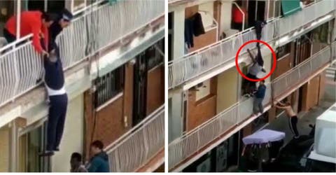 Los vecinos intentan salvar a un hombre que se quedó colgando desde su balcón