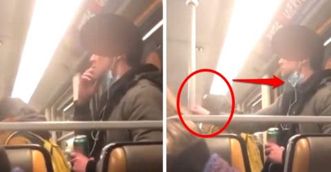 Graban a un pasajero que se quita la mascarilla para llenar de saliva los pasamanos del Metro
