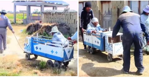 Llevan a su abuela de 94 años arrastrada por un carro de juguete para que cobre su pensión