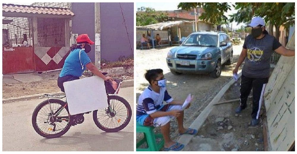 Recorre largas distancias en bicicleta para visitar a sus alumnos que no ven clases online