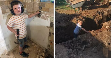 Un niño de 7 años trabaja arduamente en una construcción y cobra su primer salario