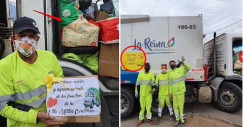 Los vecinos les entregan bolsas y mensajes a los humildes recolectores de basura de su barrio