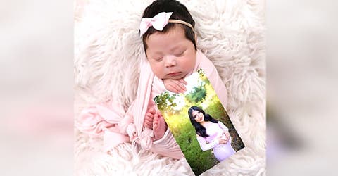 Una bebé recién nacida posa junto a la imagen de su madre fallecida para crear conciencia