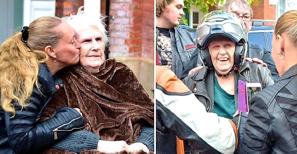 A los 83 años rompe en llanto tras recibir en su casa a 60 motoristas de Harley Davidson