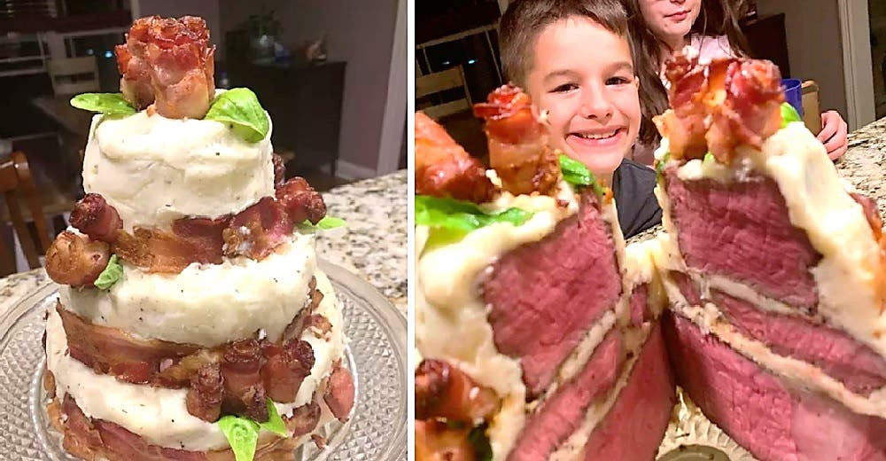Padre soltero celebra el cumpleaños de su hijo con un pastel de más de 2 kilos de carne