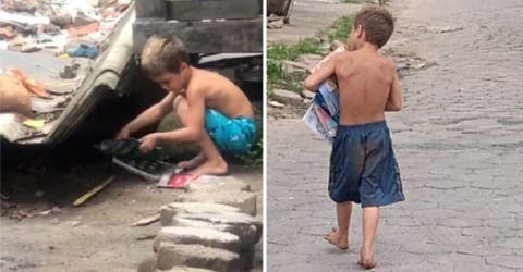 Un niño de 5 años recoge una pila de libros de la basura para compartirlos con sus hermanitos