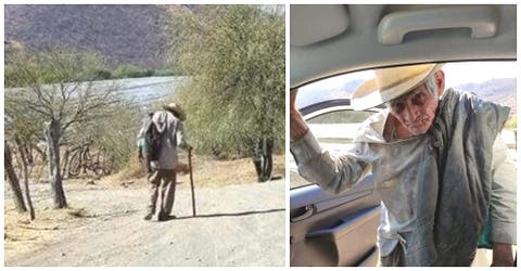 Un conductor detiene al anciano de 92 años que camina por una carretera durante días bajo el sol